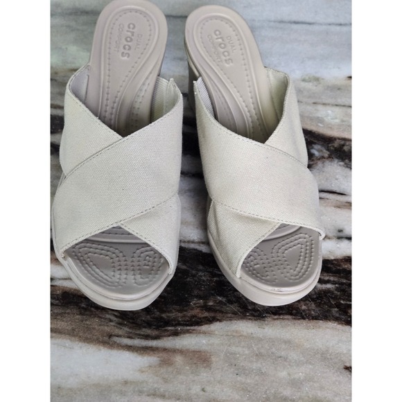 Crocs Leigh II Canvas Cross-Strap Wedge Sandals Beige Oatmeal Womens 3 Inch sz 7 - Picture 3 of 10